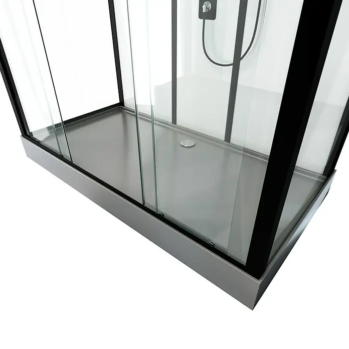 Aurlane Designdusche Indus160 x 85 x 215 cm, Anthrazit/Silbergrau - Nahaufnahme einer modernen Duschkabine mit silbernem Sockel und schwarzem Rahmen, die ein elegantes Badezimmerdesign zeigt.