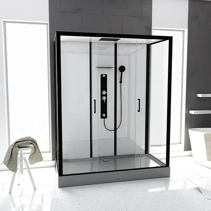 Aurlane Designdusche Indus160 x 85 x 215 cm, Anthrazit/Silbergrau - Modernes Badezimmer mit einer stilvollen, schwarzen Duschkabine, die das Highlight des Raumes bildet.