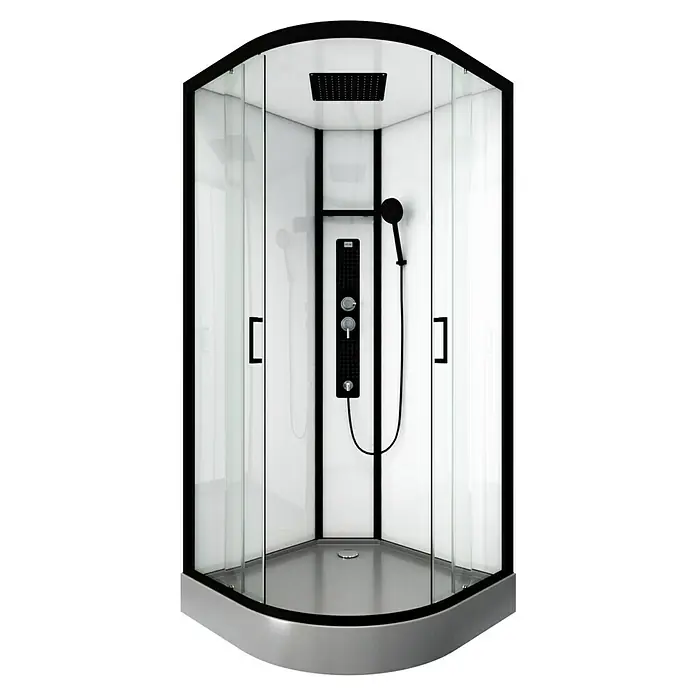 Aurlane Designdusche Indus - 90 x 90 x 215 cm, Gebogen, Anthrazit/Silbergrau - Moderne Duschkabine mit schwarzem Rahmen und luxuriöser Duschsäule, die ein elegantes Badeerlebnis verspricht.\n