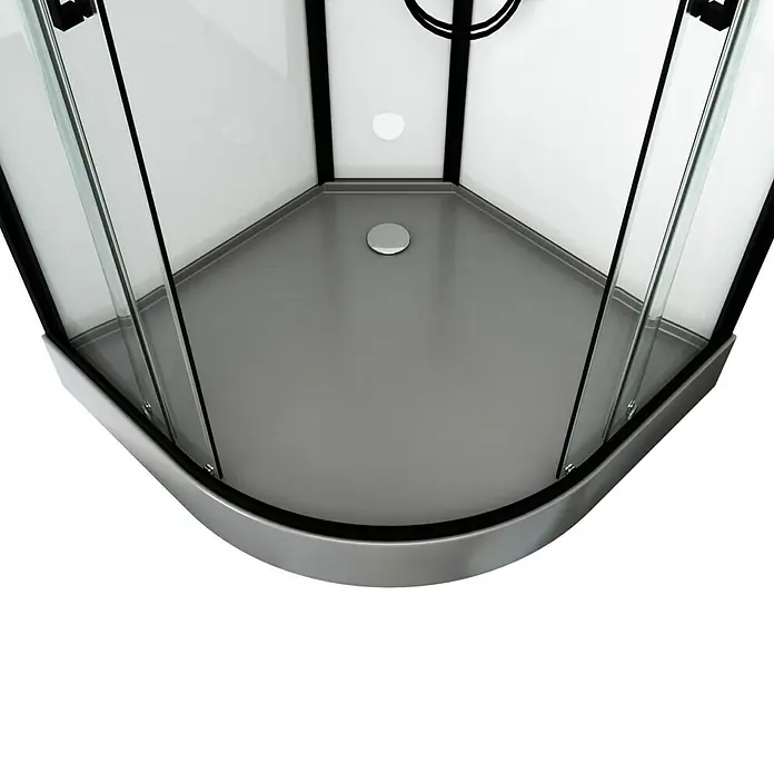 Aurlane Designdusche Indus - 90 x 90 x 215 cm, Gebogen, Anthrazit/Silbergrau - Nahaufnahme einer Duschkabine mit grauem Duschbecken und schwarzen Akzenten, die ein modernes Badezimmerdesign zeigt.