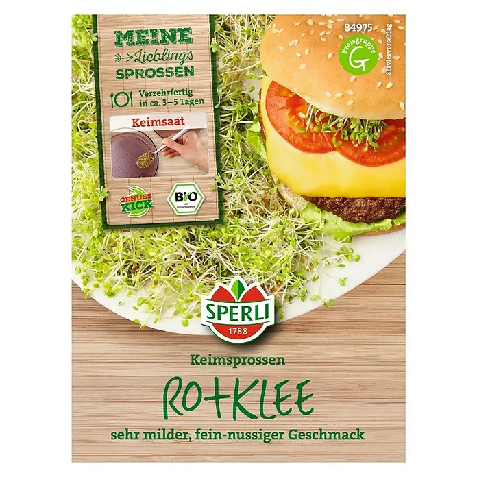 Sperli Gemüsesamen Keimsprossen - Rotklee, Trifoglio pratense, Erntezeit: Ganzjährig - Das Bild zeigt Keimsprossen von Sperli Rotklee, eine leckere Zutat für Salate und Sandwiches.