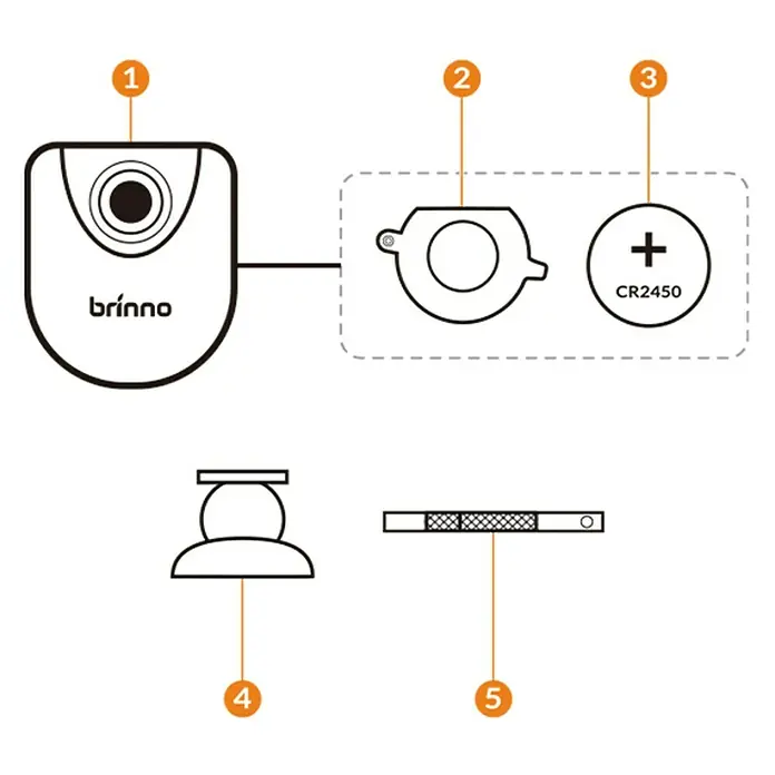 Brinno Bewegungsmelder MAS 200D - Erfassungsreichweite: 4 m, Erfassungswinkel: 90 ° - Eine Grafik mit einer Brinno-Kamera, einer Batterie und einem Montagezubehör für die Kamera.