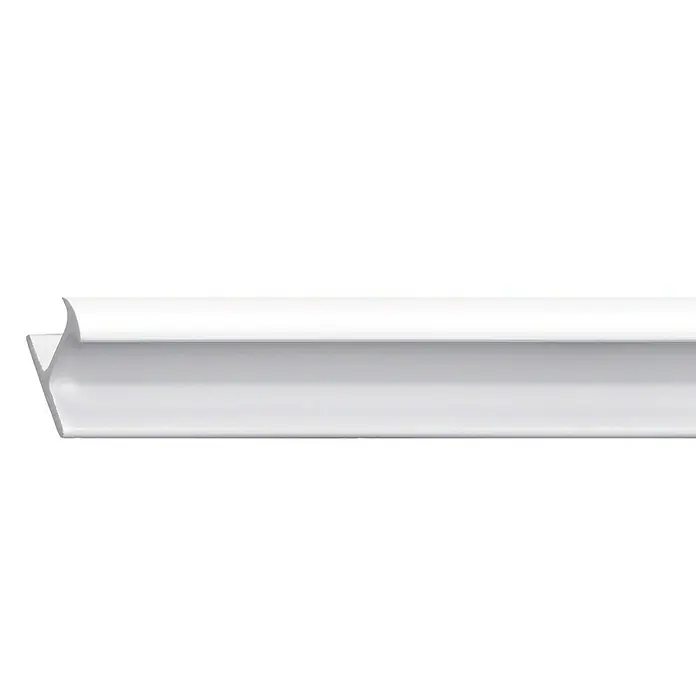 Expo Ambiente Schiene T-Form - Länge: 250 cm, Kunststoff - Nahaufnahme eines weißen Eckprofils, das seine klare Form und die glatte Oberfläche hervorhebt. Ideal für moderne Raumgestaltung.