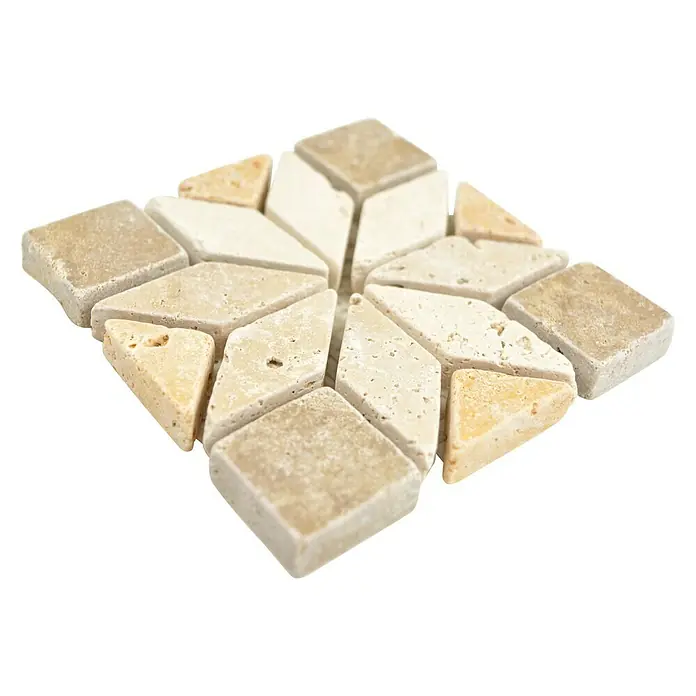 Antikmarmorfliese Dekorfliese Star D7 XND 13037 - 10 x 10 cm, Beige/Braun, Matt - Nahaufnahme von einem Mosaikfliesenmuster aus Naturstein in verschiedenen Beige- und Cremetönen, ideal für elegante Wand- und Bodengestaltungen.