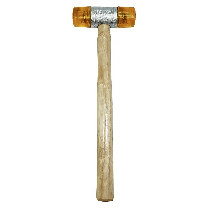 Heka Schonhammer - 330 g, Eschenholz, Durchmesser Kopf: 32 mm - Nahaufnahme eines Schonhammers mit Holzgriff und zwei gelben Schlagflächen, ideal für schonende Arbeiten.