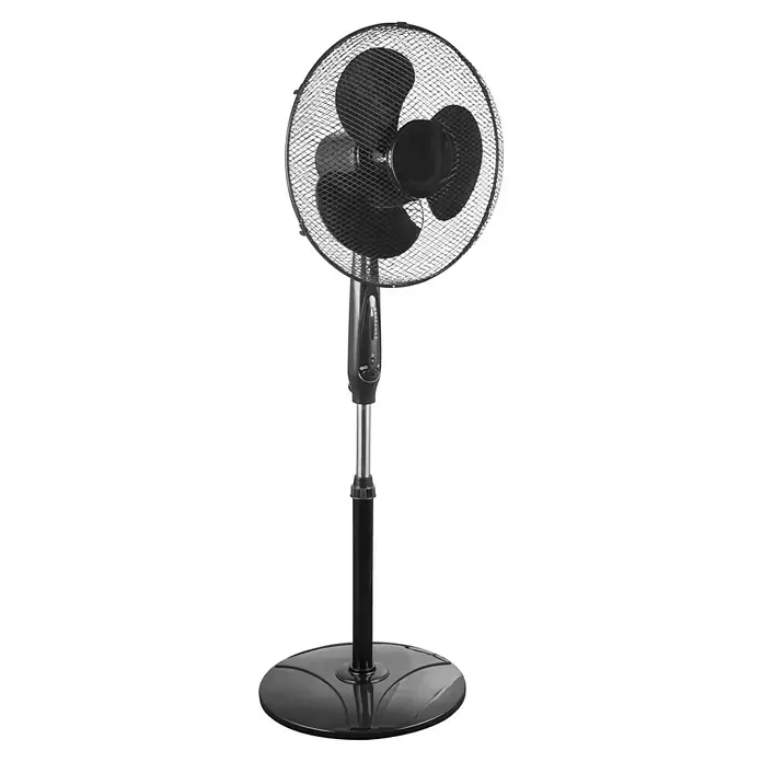 Proklima Standventilator - Schwarz, 40 cm, 127 cm - Abbildung eines freistehenden, oszillierenden Ventilators mit drei Flügeln, der für eine bessere Luftzirkulation und Kühlung in Räumen sorgt.