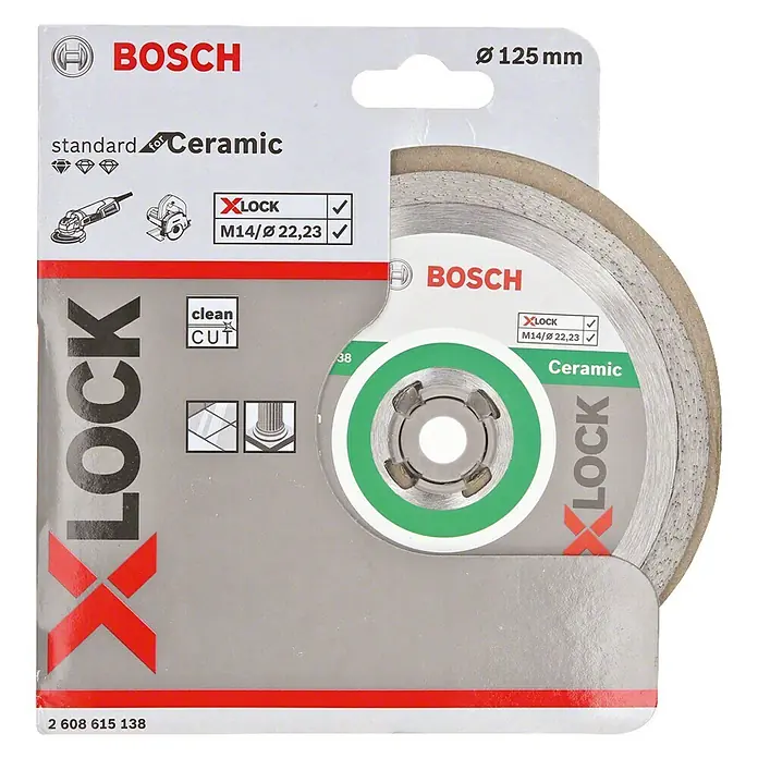 Bosch Professional X-Lock Diamant-Trennscheibe Standard for Ceramic - Durchmesser Scheibe: 125 mm, Geeignet für: Keramik - Das Bild zeigt eine Bosch Standard Ceramic X-LOCK Trennscheibe mit einem Durchmesser von 125 mm für saubere Schnitte.