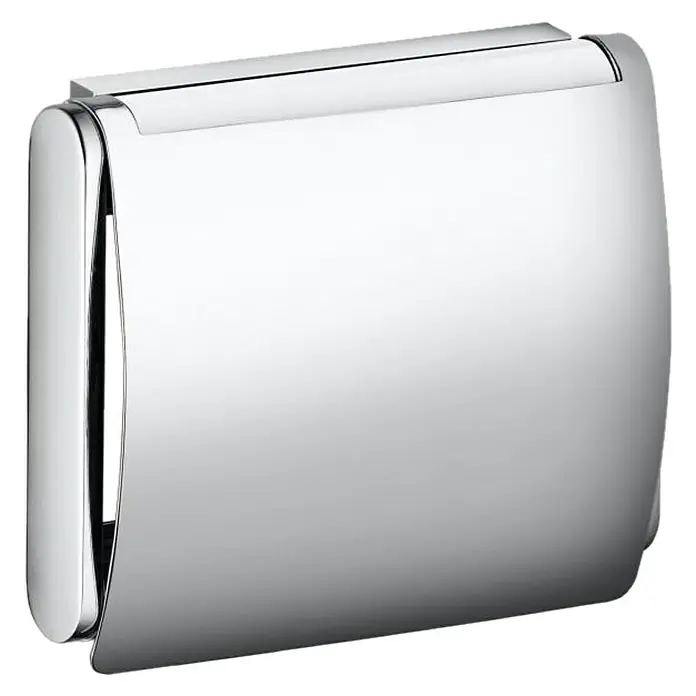 Keuco Plan Toilettenpapierhalter - Mit Deckel, Chrom, Glänzend - Nahaufnahme eines verchromten Toilettenpapierhalters, der mit seinem eleganten Design und der glänzenden Oberfläche die Badezimmerästhetik aufwertet.