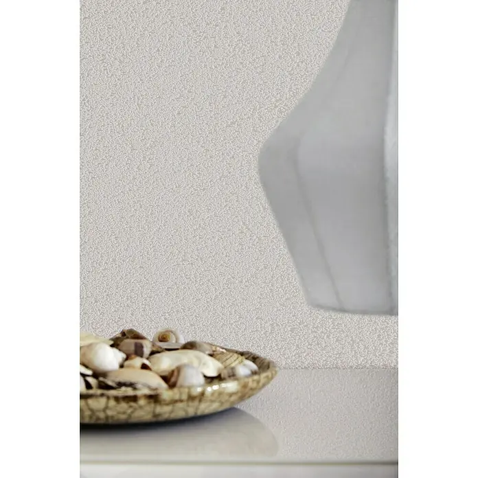 Knauf Putz-Abtönfarbe Compact Color - Muschel, 6 g - Nahaufnahme einer dekorativen Schale mit Muscheln, ideal für eine maritime Atmosphäre. Das Arrangement wird durch eine moderne Vase ergänzt.