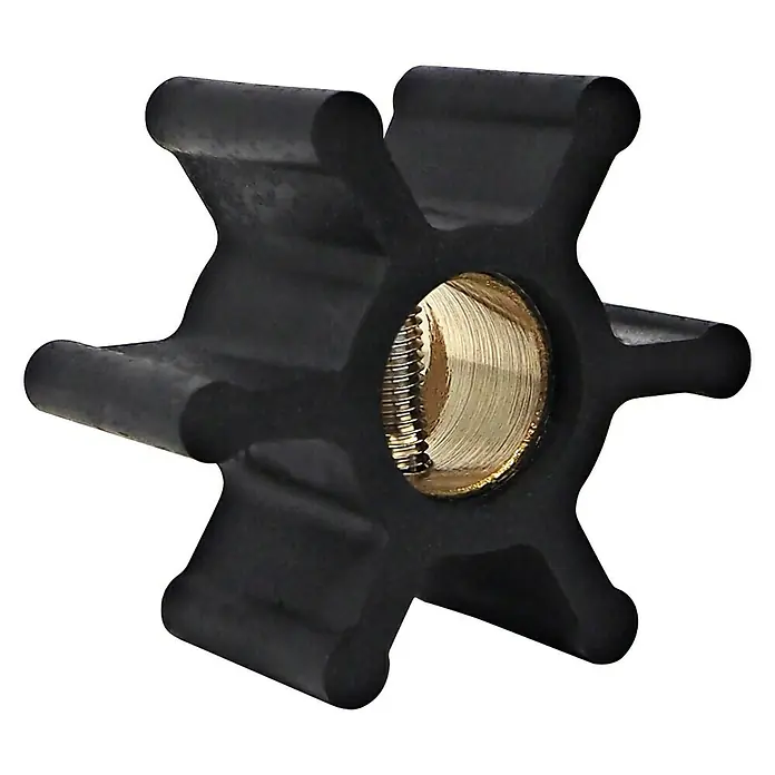 Albin Pump Impeller PN 06-01-002 - Ø x L: 39,7 x 19,2 mm, Wellendurchmesser: 12 mm - Abgebildetes Produkt: Eine schwarze Wasserpumpen-Impeller mit sechs Flügeln und einem goldenen Metalleinsatz.