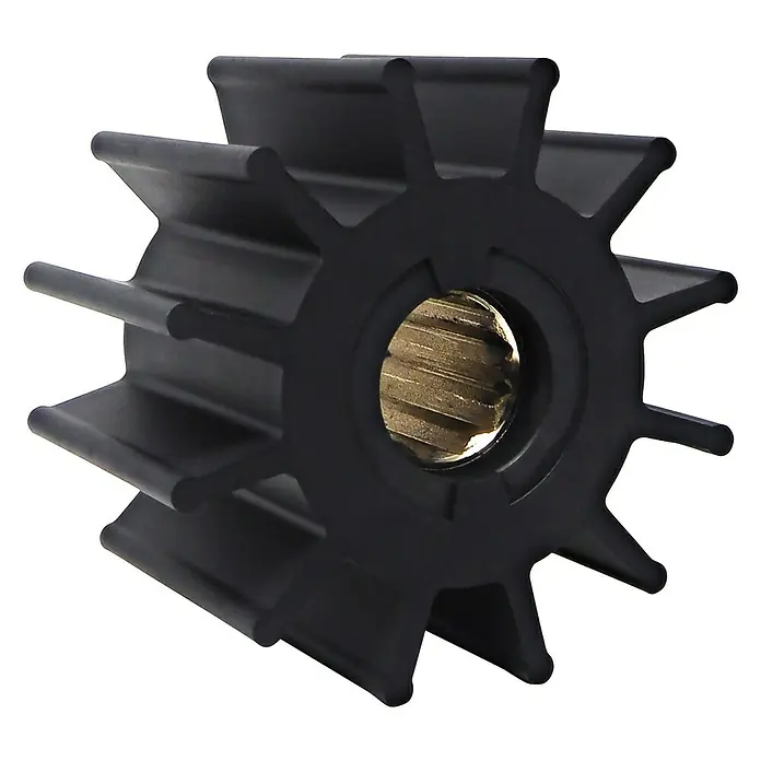 Albin Pump Impeller PN 06-02-028 - Ø x L: 95 x 63 mm, Wellendurchmesser: 25 mm - Schwarzes Gummirad mit sternförmigen Speichen und einem zentralen Metalleinsatz für vielfältige Pumpenanwendungen.