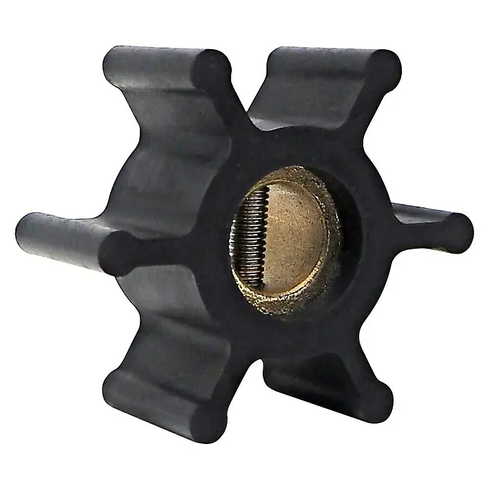 Albin Pump Impeller PN 06-01-006 - Ø x L: 51 x 22 mm, Wellendurchmesser: 12,7 mm - Das Bild zeigt ein schwarzes Gummirad mit einer goldenen Nabe und einer Spiralfeder. Es handelt sich wahrscheinlich um einen Impeller für eine Wasserpumpe.