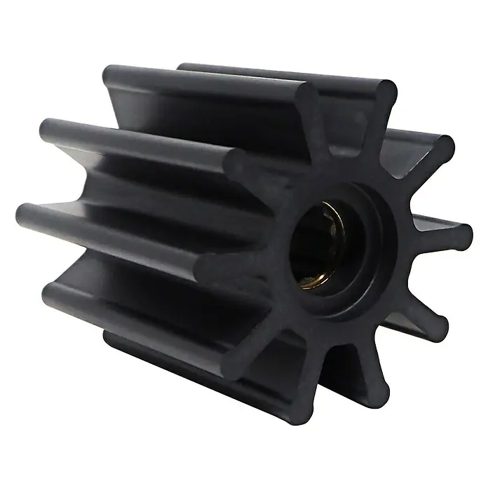 Albin Pump Impeller PN 06-01-021 - Ø x L: 65 x 50 mm, Wellendurchmesser: 16 mm - Schwarzes Impellerrad mit mehreren Rotorblättern und einer goldenen Nabe, das für verschiedene Pumpenanwendungen verwendet wird.