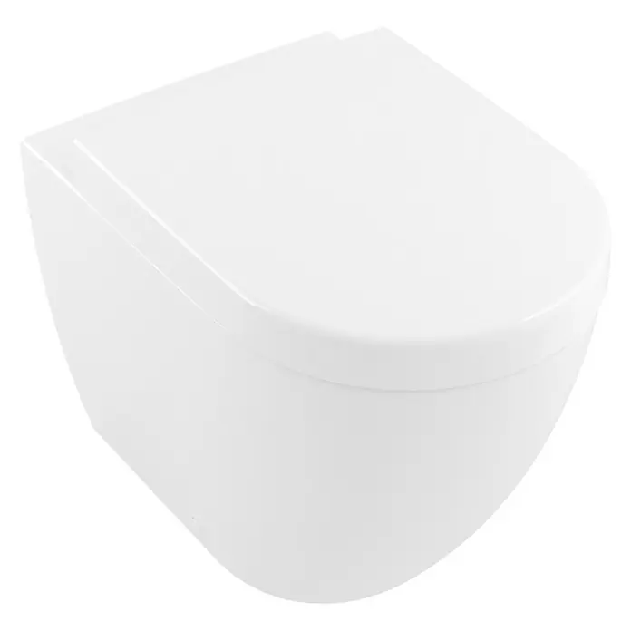 Villeroy & Boch Subway 2.0 Stand-WC - Spülrandlos, Ohne Spezialglasur, Spülform: Tief, WC Abgang: Waagerecht, Weiß - Nahaufnahme einer weißen Wandtoilette mit geschlossenem Deckel, die ein modernes und minimalistisches Design zeigt.