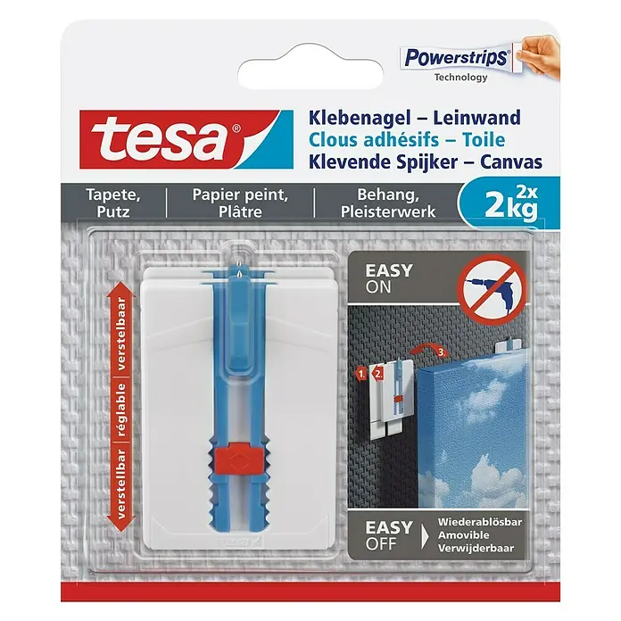 Tesa Klebenagel - Geeignet für: Leinwände, Belastbarkeit: 2 kg, 2 Stk., Blau - Tesa Klebenägel für Leinwände: Einfache Befestigung ohne Bohren. Ideal für Tapeten, Putz, Papier und Putz. Bis zu 2 kg Tragkraft.