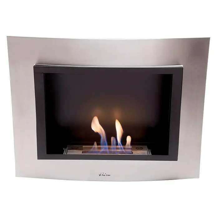 Purline Chimenea de bioetanol Thea - L x An x Al: 14 x 63,5 x 48 cm, Cromo - Imagen de una moderna chimenea de pared plateada de Pur Line, que aporta calidez y elegancia a cualquier habitación.