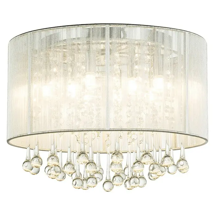 Globo Sierra LED-Deckenleuchte rund - 24 W, Silber, Warmweiß - Elegante Deckenleuchte mit Stoffschirm und Kristalltropfen für eine stilvolle Beleuchtung im Raum.