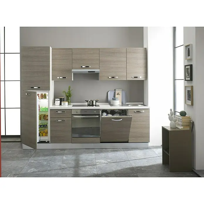 Marinelli Cucine Vormontierte Küchenzeile Rita - Breite: 270 cm, Eiche Grau, Mit Elektrogeräten - Eine moderne Küchenzeile in Holzoptik mit integriertem Kühlschrank und Geschirrspüler, ideal für kleine Räume.