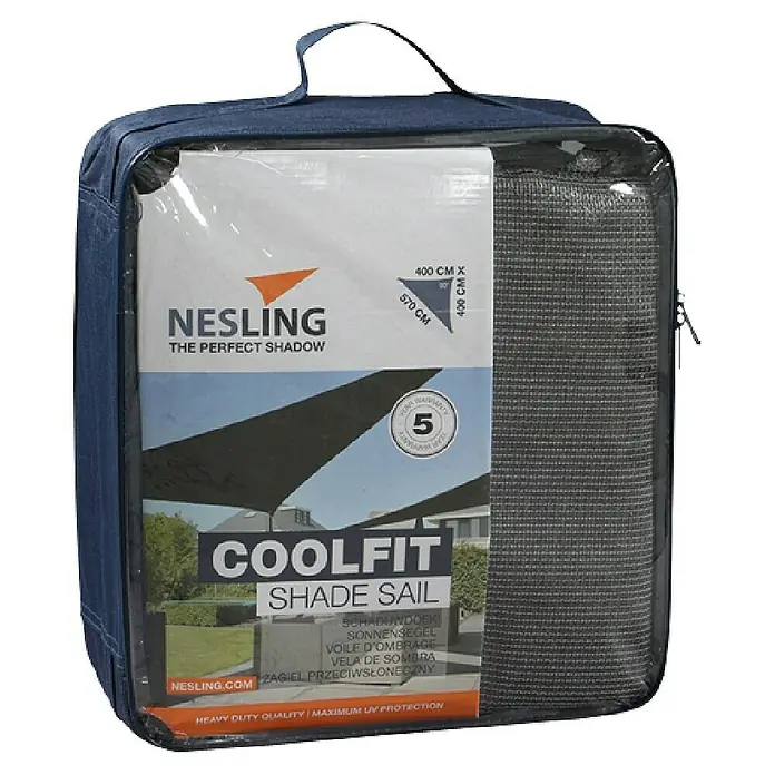 Nesling Sonnensegel Coolfit - L x B: 400 x 400 cm, Grau, Dreieckig - Verpackte Nesling Coolfit Sonnensegel mit den Maßen 400 x 570 x 400 cm, ideal für perfekten Schatten und UV-Schutz im Garten oder auf der Terrasse.