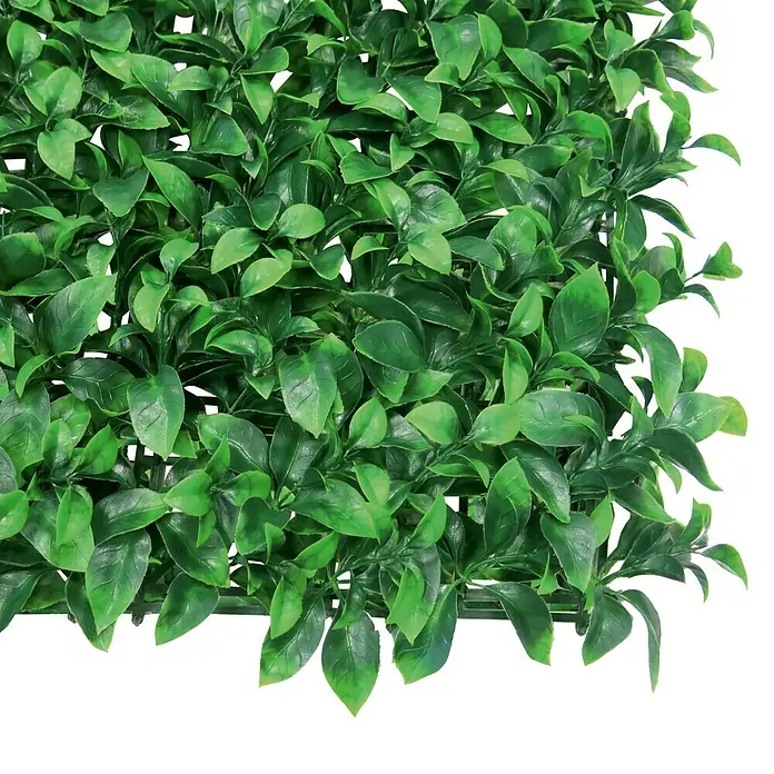 Nortene Jardín vertical Laurel - Plástico, L x An: 100 x 100 cm - Primer plano de un panel de pared de seto artificial con exuberantes hojas verdes, perfecto para una decoración de jardín realista y de bajo mantenimiento.