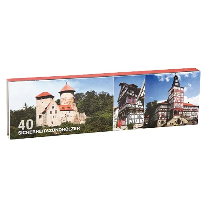 Lienbacher Ofenzubehör-Set - 5 -tlg., Geeignet für: Kaminöfen - Zündholzschachtel mit Bildern von Burgen und Fachwerkhäusern, Aufschrift "40 Sicherheitszündhölzer".