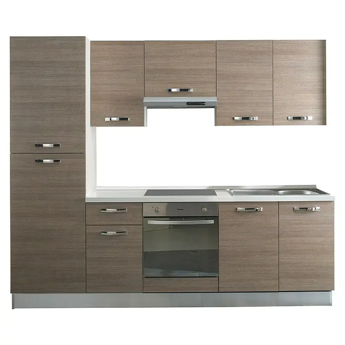 Marinelli Cucine Vormontierte Küchenzeile Rita - Breite: 240 cm, Eiche Grau, Mit Elektrogeräten - Moderne Küchenzeile mit Holzoptik und Edelstahldetails. Enthält Schränke, Schubladen, Ofen, Spüle und Dunstabzugshaube für ein stilvolles Küchendesign.