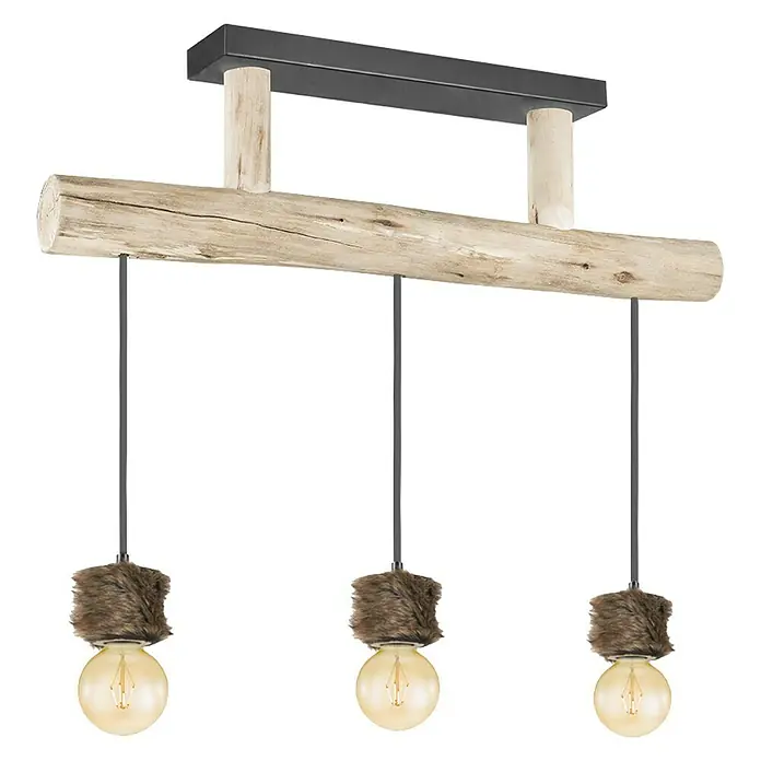 Home Sweet Home Pendelleuchte Furdy - Höhe: 131 cm - Rustikale Hängelampe mit drei Glühbirnen, Holzdetails und Fellakzenten für eine warme und gemütliche Atmosphäre.