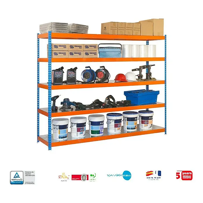 Simonrack Ecoforte Estantería metálica Metal - Al x An x Pr: 200 x 180 x 45 cm, Capacidad de carga por balda: 400 kg, Número de baldas: 5 ud., Inserción, Azul/Naranja - Foto de una estantería de almacenamiento con cinco estantes llenos de herramientas y materiales surtidos.