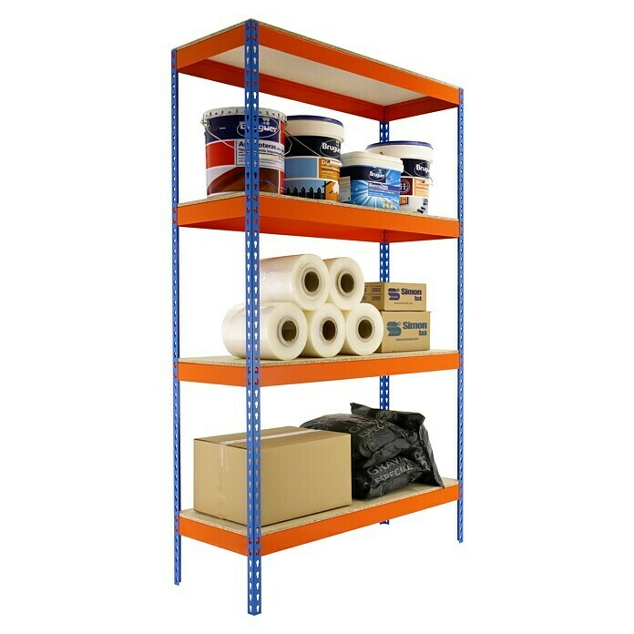 Simonrack Simontaller Estantería para cargas pesadas Ecoforte Chipboard (L x An x Al: 45 x 150 x 200 cm, Capacidad de carga: 400 kg/balda, Número de baldas: 4 ud., Azul/Naranja)