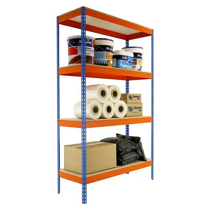 Simonrack Ecoforte Estantería para cargas pesadas Chipboard - Al x An x Pr: 200 x 150 x 45 cm, Capacidad de carga por balda: 400 kg, Número de baldas: 4 ud., Inserción, Azul/Naranja - Estantería metálica azul y naranja con cuatro baldas, conteniendo botes de pintura, rollos de film plástico y cajas de cartón.