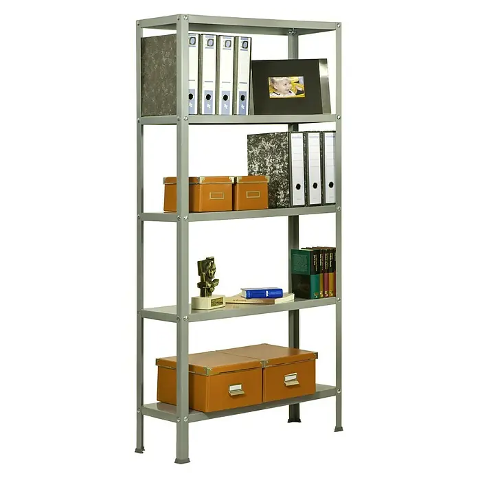 Simonrack Simonhome Metallregal Classic Mini - H x B x T: 180 x 80 x 30 cm, Traglast pro Boden: 100 kg, Anzahl Böden: 5 Stk., Schrauben, Grau/Grau - Silbernes Metallregal mit verschiedenen Gegenständen, darunter Ordner, Boxen und Bücher, die eine praktische Aufbewahrungslösung bieten.