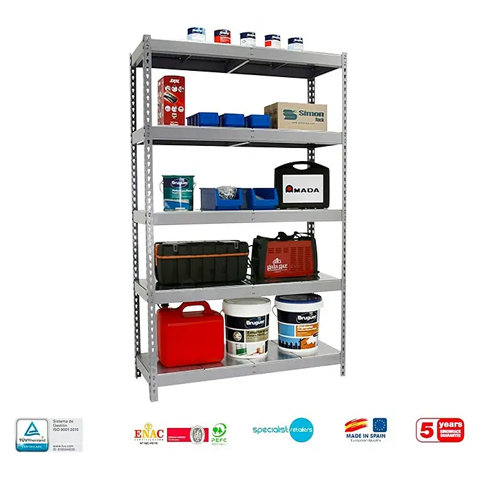Simonrack Simonforte Estantería para cargas pesadas Metal - Al x An x Pr: 200 x 240 x 60 cm, Capacidad de carga por balda: 400 kg, Número de baldas: 5 ud., Inserción, Gris grafito - Estantería metálica gris con cinco estantes llenos de herramientas, pinturas y objetos variados, ideal para taller o garaje.