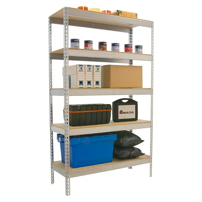 Simonrack Simontaller Estantería para cargas pesadas Chipboard - Al x An x Pr: 200 x 180 x 45 cm, Capacidad de carga por balda: 400 kg, Número de baldas: 5 ud., Inserción, Galvanizado - Una estantería de cinco niveles cargada con diversos artículos como pintura, cajas y contenedores.