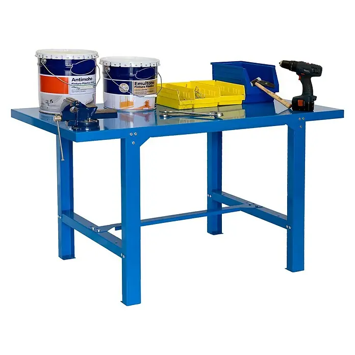 Simonrack Simonwork Banco de trabajo BT6 Metal - L x An: 73 x 120 cm, Altura de trabajo: 83 cm, Carga soportada: 600 kg, Azul - Banco de trabajo azul con herramientas y latas de pintura, ideal para proyectos de bricolaje y trabajos de taller. Robusto y versátil.