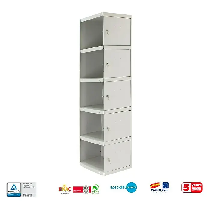 Simonrack Simonlocker Taquilla locker Prof. Adicional Desmontada - 50 x 30 x 180 cm, Número de puertas: 5 ud. - Captura de un sistema de armarios modulares de metal blanco con cinco compartimentos, ideal para almacenamiento y organización, con certificados de garantía.