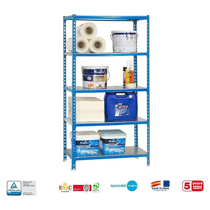 Simonrack Simonclick Estantería metálica Mini - Al x An x Pr: 180 x 80 x 30 cm, Capacidad de carga por balda: 180 kg, Número de baldas: 5 ud., Inserción, Azul - Imagen de una estantería metálica azul con cinco estantes, cargada con botes de pintura, rollos de papel y bidones. Es una solución de almacenamiento versátil.