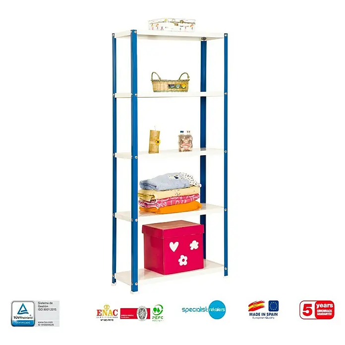 Simonrack Simonhome Estantería metálica Homeclassic Color Plus - Al x An x Pr: 180 x 100 x 30 cm, Capacidad de carga por balda: 100 kg, Número de baldas: 5 ud., Atornillado, Azul - Imagen de una estantería metálica blanca con cinco estantes, llena de varios objetos de almacenamiento y decoración.