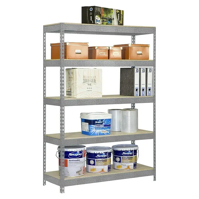 Simonrack Bricoforte Schwerlastregal Bricoforte Metall - H x B x T: 200 x 120 x 45 cm, Traglast pro Boden: 300 kg, Anzahl Böden: 5 Stk., Stecken, Silber/Silber - Ein Regal voller verschiedener Artikel wie Farbeimer und Aufbewahrungsboxen.