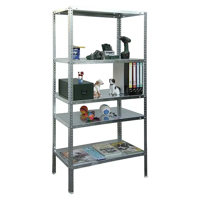 Simonrack Simonclassic Estantería metálica Advantage Plus - Al x An x Pr: 200 x 100 x 30 cm, Capacidad de carga por balda: 75 kg, Número de baldas: 5 ud., Atornillado, Galvanizado - Estantería metálica con cinco estantes, llena de herramientas, juguetes, libros y material de oficina. Solución práctica de almacenamiento para taller u oficina.