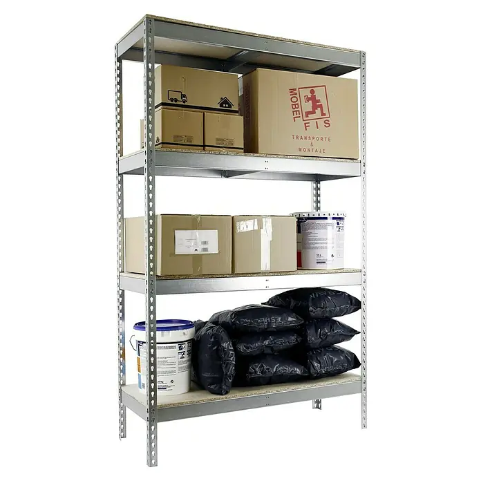 Simonrack Simonforte Schwerlastregal Simonforte Chipboard - H x B x T: 200 x 240 x 60 cm, Traglast pro Boden: 400 kg, Anzahl Böden: 4 Stk., Stecken, Silber - Ein Regal mit vier Ablagen, auf denen Kartons, Farbbehälter und schwarze Säcke unterschiedlicher Größe und Form platziert sind.