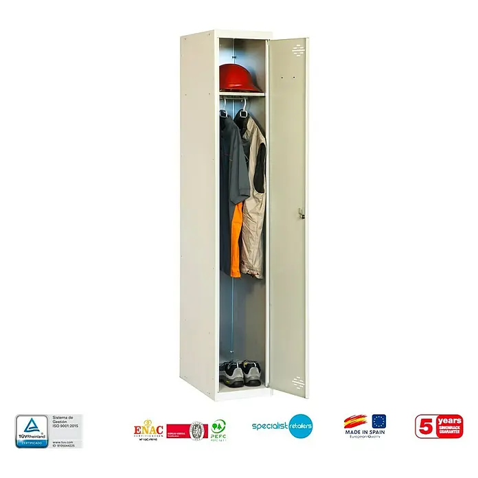 Simonrack Simonlocker Taquilla Single Incial Desmontada - L x An x Al: 30 x 50 x 180 cm, Gris/Gris - Fotografía de un armario metálico gris abierto con un casco rojo, ropa y zapatos en el interior.