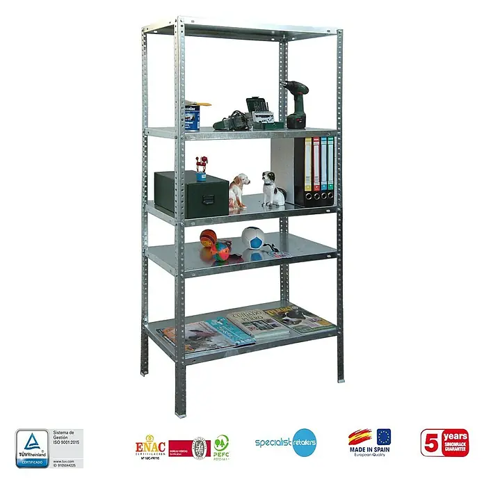 Simonrack Simonclassic Estantería metálica Advantage Plus - Al x An x Pr: 200 x 100 x 30 cm, Capacidad de carga por balda: 75 kg, Número de baldas: 5 ud., Atornillado, Galvanizado - Una estantería metálica plateada de cinco niveles, llena de diversos artículos sobre un fondo negro.