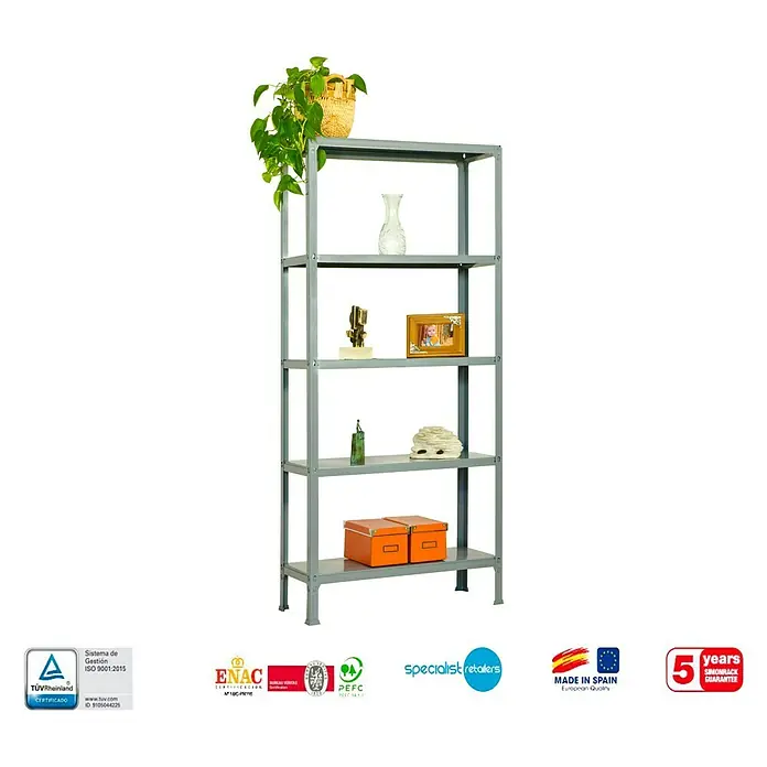 Simonrack Simonhome Estantería metálica Plus - Al x An x Pr: 180 x 100 x 30 cm, Capacidad de carga por balda: 150 kg, Número de baldas: 5 ud., Inserción, Gris - Imagen de una estantería metálica gris con cinco estantes, provista de artículos de decoración y una planta en la parte superior.