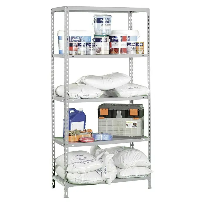Simonrack Simonclick Metallregal Ecoclick Mini - H x B x T: 180 x 80 x 40 cm, Traglast pro Boden: 70 kg, Anzahl Böden: 5 Stk., Stecken, Silber - Ein graues Metallregal, gefüllt mit Farbeimern, Sandsäcken, einem blauen Kanister und einer Werkzeugkiste, bietet viel Stauraum.