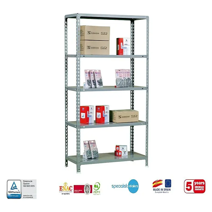 Simonrack Simonclick Estantería metálica Ecoclick Mini - Al x An x Pr: 180 x 80 x 30 cm, Capacidad de carga por balda: 70 kg, Número de baldas: 5 ud., Inserción, Gris - Estantería metálica gris con múltiples estantes, provista con diversos artículos incluyendo cajas y accesorios.