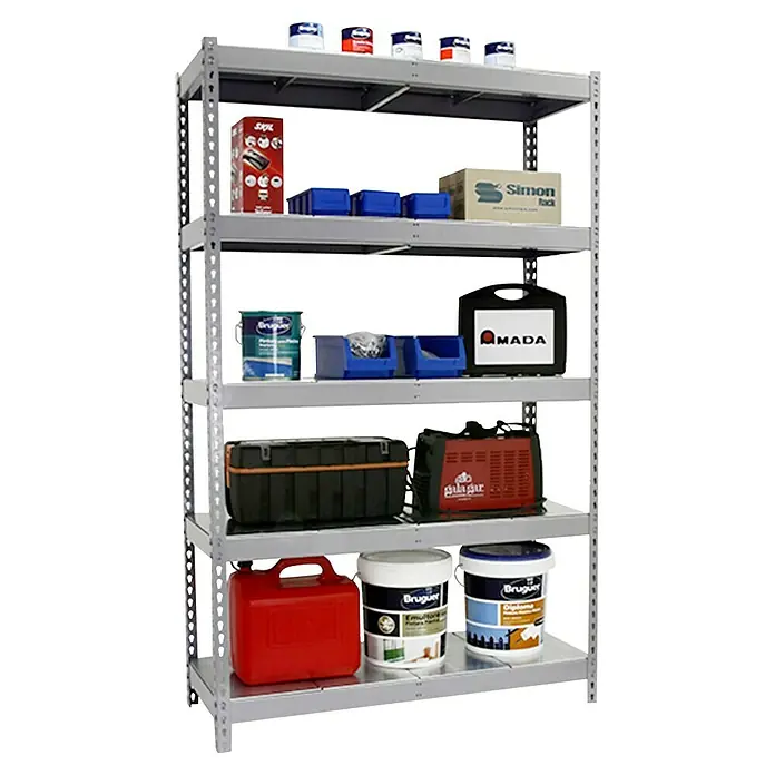 Simonrack Simonforte Schwerlastregal Simonforte Metall - H x B x T: 200 x 150 x 90 cm, Traglast pro Boden: 600 kg, Anzahl Böden: 5 Stk., Stecken, Silber/Silber - Produktaufnahme eines grauen Metallregals mit fünf Ebenen, vollgepackt mit verschiedenen Werkzeugen, Farbdosen und Aufbewahrungsbehältern.