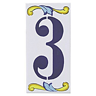 Azulejo de gres Número 3 (7,5 x 15 cm, Blanco/Azul/Amarillo, Brillante)