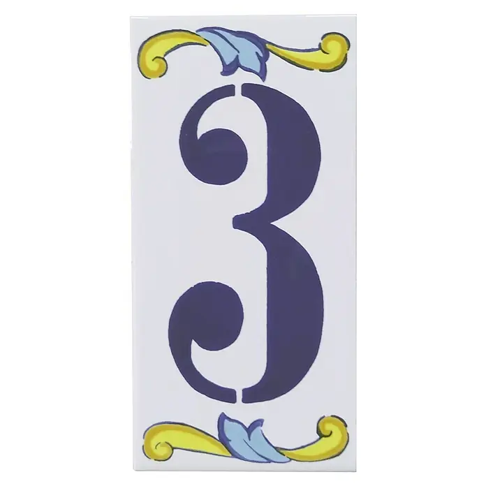 Pavimento cerámico Número 3 - 7,5 x 15 cm, Blanco/Azul/Amarillo, Brillante - Diseño decorativo de azulejo de cerámica con el número 3 en azul y detalles florales en amarillo y azul, ideal para interiores.