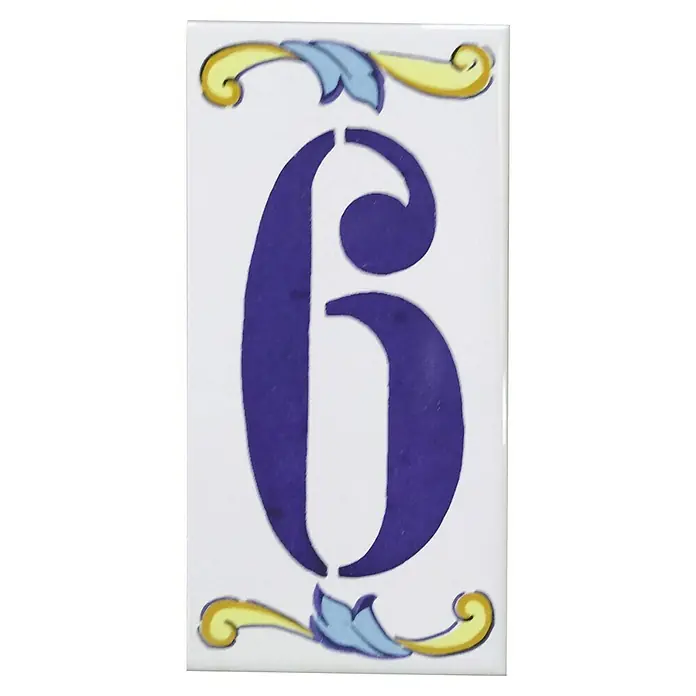 Pavimento cerámico Número 6 - 7,5 x 15 cm, Blanco/Azul/Amarillo, Brillante - Placa de número de casa de cerámica decorativa con el número 6 en azul y adornos florales en amarillo y celeste.