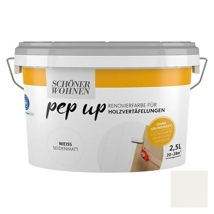 SCHÖNER WOHNEN-Farbe Pep up Weißlack für Holzvertäfelungen - Weiß, Seidenmatt, 2,5 l, Wasserbasiert - Schöner Wohnen Pep Up Renovierfarbe für Holzvertäfelungen in Weiss Seidenmatt, 2,5L für ein frisches Aussehen ohne Grundieren.